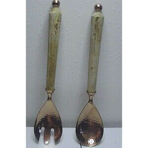 Vtg Salad Server Set Hammered Plated Copper, Wood Handles MCM 13.25"